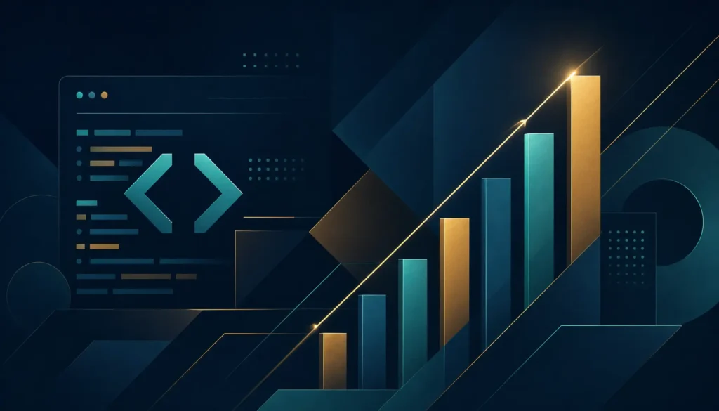 Abstract visualization of finance meeting software engineering with bar-chart and code motifs