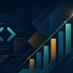 Abstract visualization of finance meeting software engineering with bar-chart and code motifs