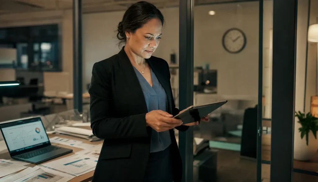 Compliance officer reviewing AI governance audit documentation under deadline pressure