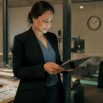 Compliance officer reviewing AI governance audit documentation under deadline pressure