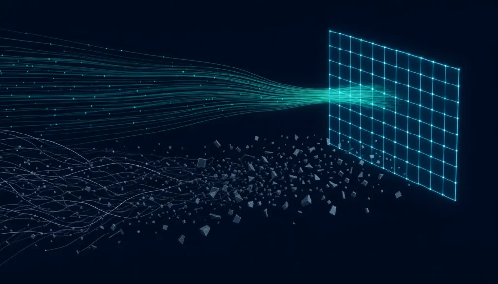 Abstract visualization of AI investment converging into measured ROI versus scattering into unmeasured fragments