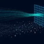 Abstract visualization of AI investment converging into measured ROI versus scattering into unmeasured fragments