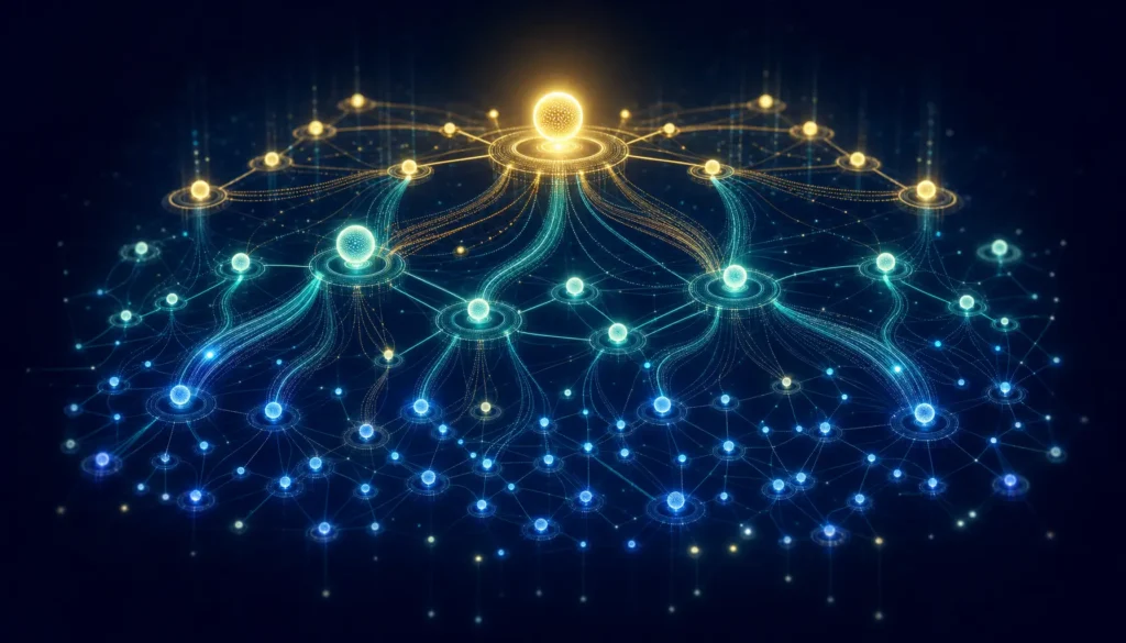 Abstract visualization of AI model routing across layered network tiers