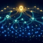 Abstract visualization of AI model routing across layered network tiers