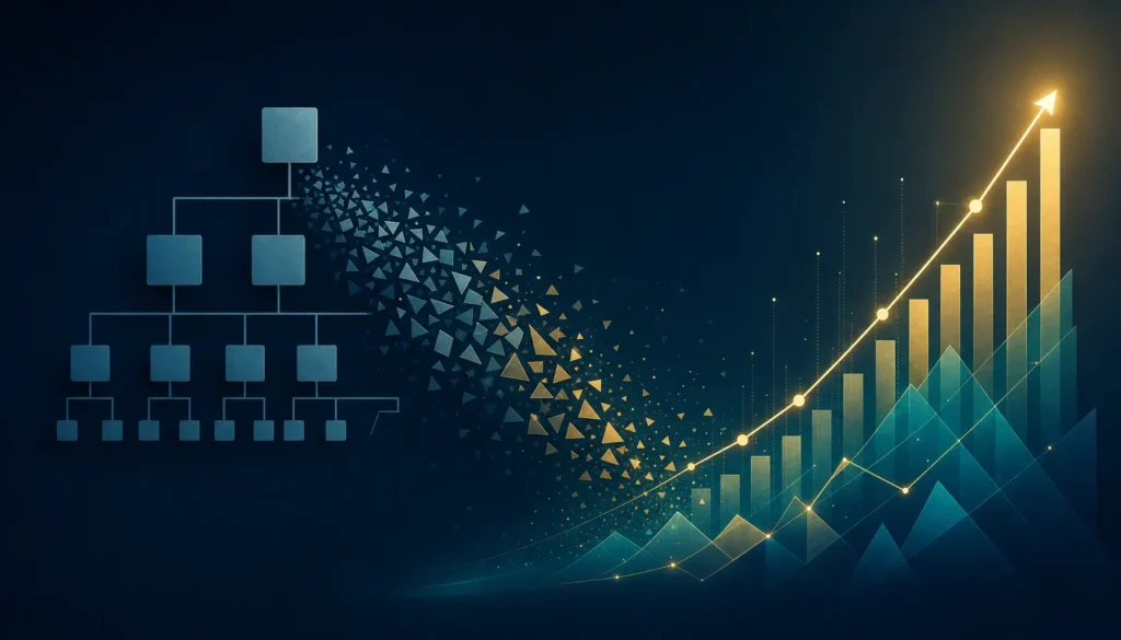 Abstract visualization of a declining organizational chart dissolving into a rising investment graph, representing corporate budget tradeoffs between layoffs and AI capital expenditure