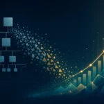 Abstract visualization of a declining organizational chart dissolving into a rising investment graph, representing corporate budget tradeoffs between layoffs and AI capital expenditure