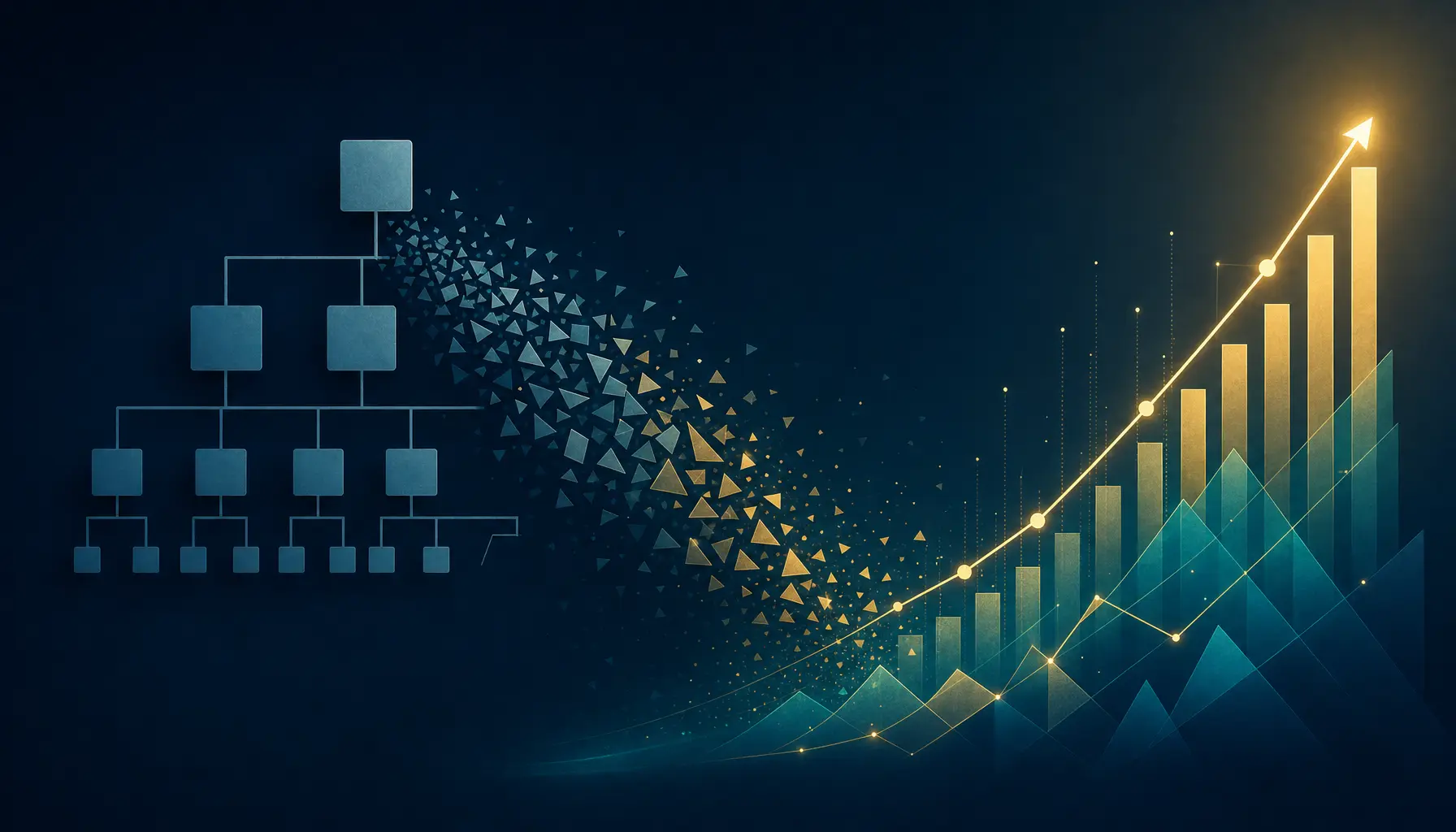 Abstract visualization of a declining organizational chart dissolving into a rising investment graph, representing corporate budget tradeoffs between layoffs and AI capital expenditure