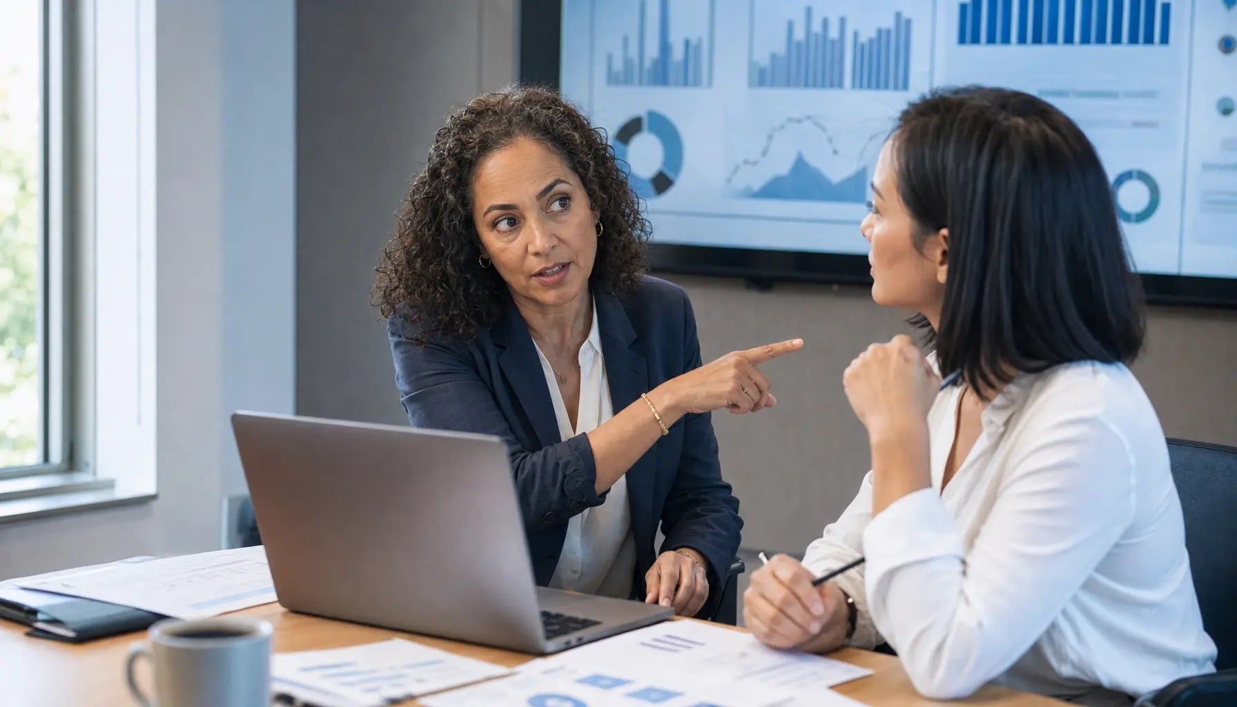 CFO and finance analyst reviewing AI spend dashboards and cost charts in a meeting room