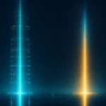 Two columns of light of equal height, one wrapped in measurement rings and one unmarked, representing automation and augmentation