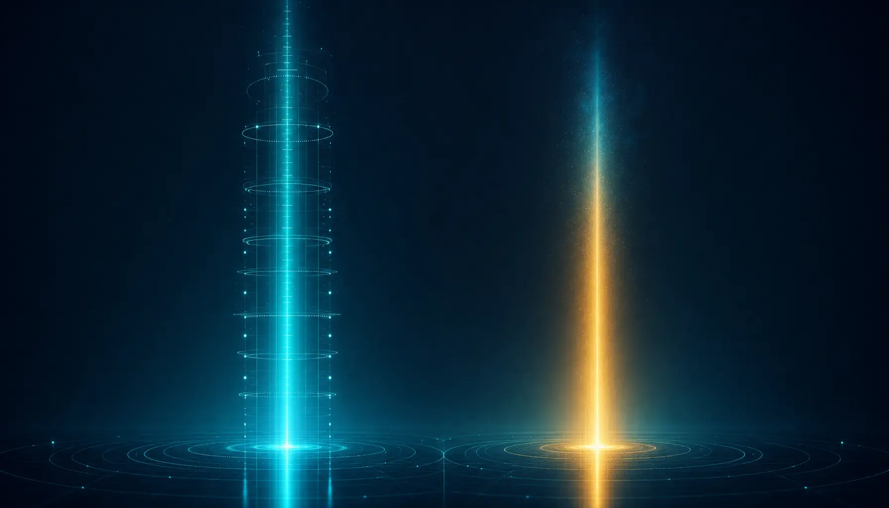 Two columns of light of equal height, one wrapped in measurement rings and one unmarked, representing automation and augmentation