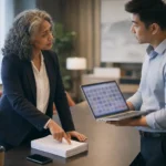 A CFO and finance analyst reviewing a stack of invoices next to a laptop of unlabeled cost data