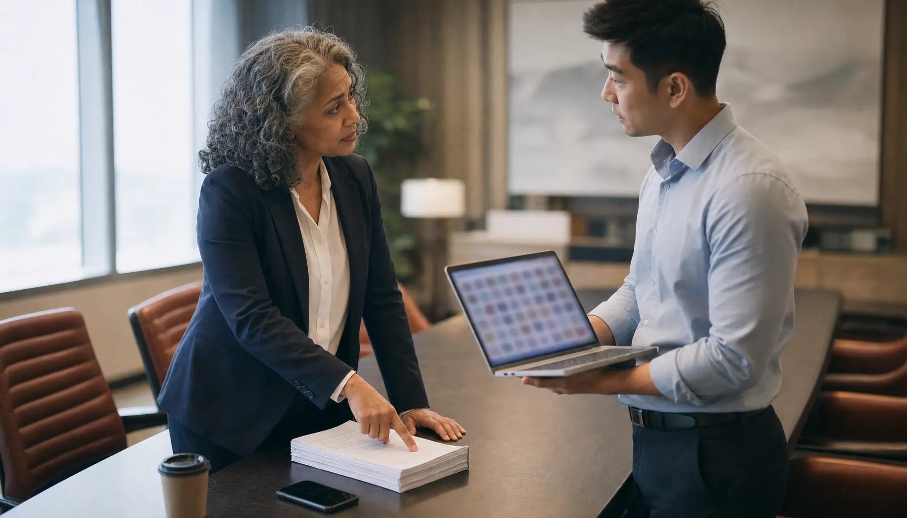 A CFO and finance analyst reviewing a stack of invoices next to a laptop of unlabeled cost data