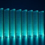 Nine glowing enterprise systems of record in a row with an empty tenth slot for AI, abstract visualization