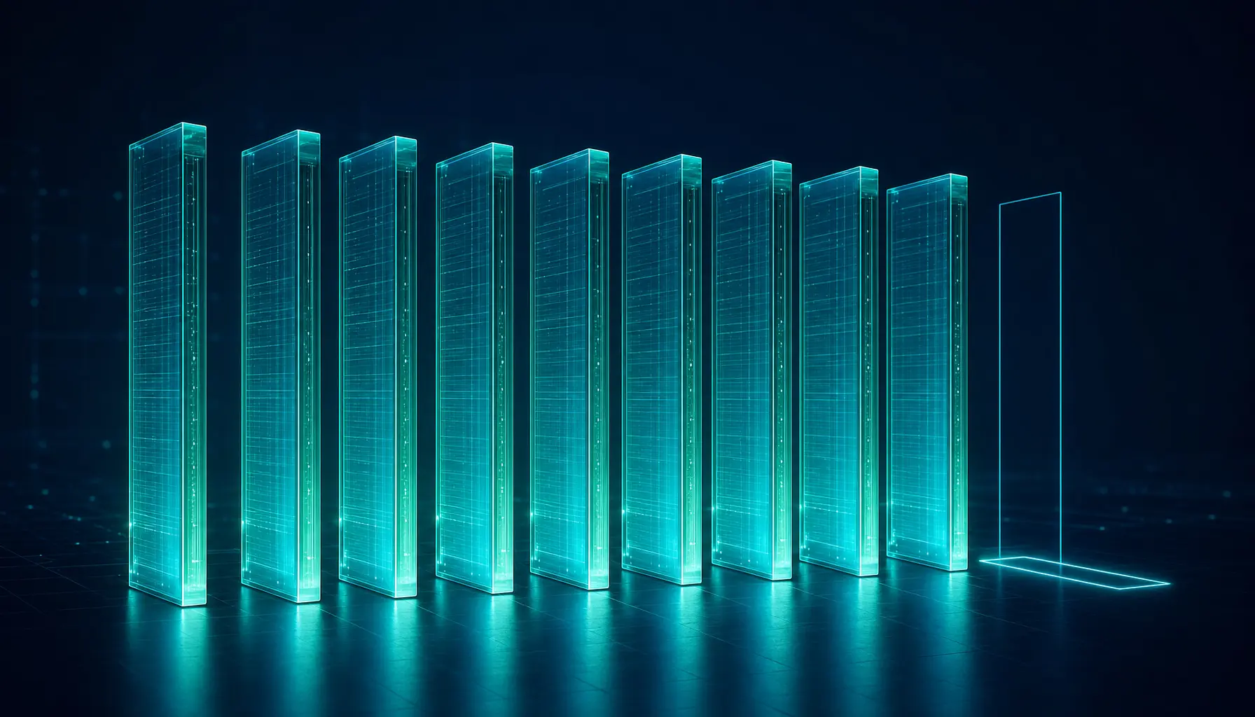 Nine glowing enterprise systems of record in a row with an empty tenth slot for AI, abstract visualization