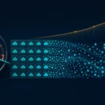 Cost meter past its limit beside cloud ledger tiles dissolving into a stream of AI tokens under a rising forecast curve, abstract visualization