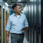 Engineering leader between legacy mainframe cabinets and a modern server rack, representing self-hosted AI coding tools and on-premises governance