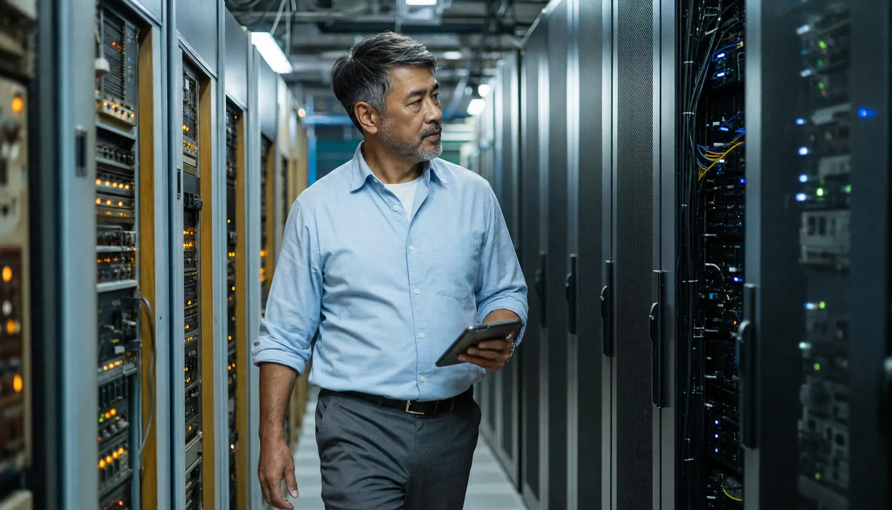 Engineering leader between legacy mainframe cabinets and a modern server rack, representing self-hosted AI coding tools and on-premises governance
