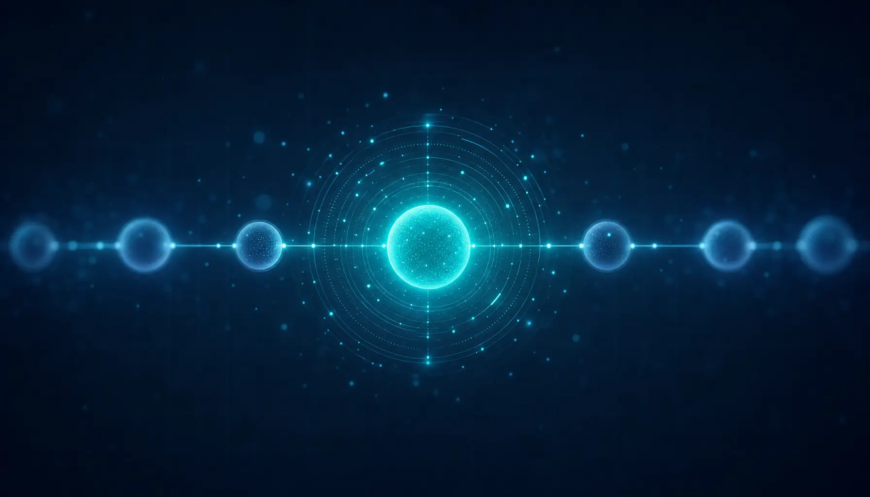 Abstract visualization of an automation pipeline of connected nodes on a deep blue background, with one node highlighted by measurement rings, representing Olakai monitoring the AI step inside an n8n workflow