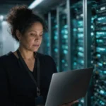 Head of security reviewing a laptop in an on-premises server room, representing AI governance data kept inside the enterprise perimeter