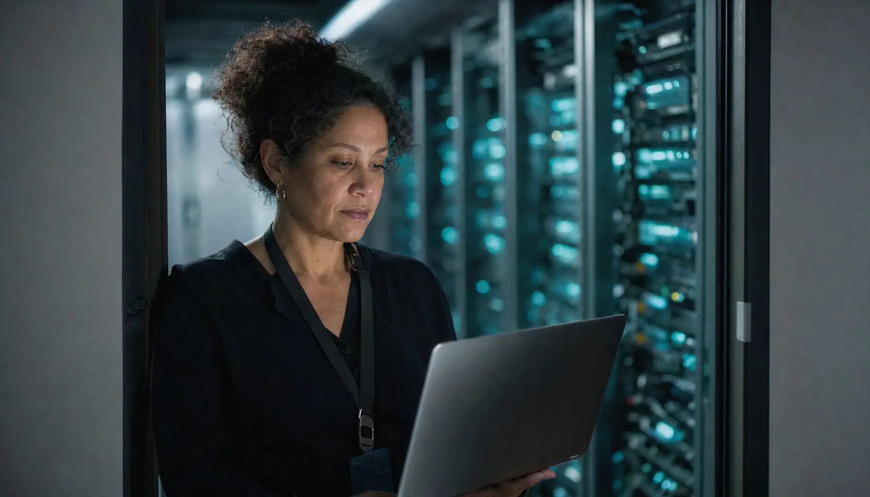 Head of security reviewing a laptop in an on-premises server room, representing AI governance data kept inside the enterprise perimeter