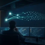 Security analyst viewing a wall display showing a few bright AI application nodes fading into a long tail of dimmer, unmonitored ones