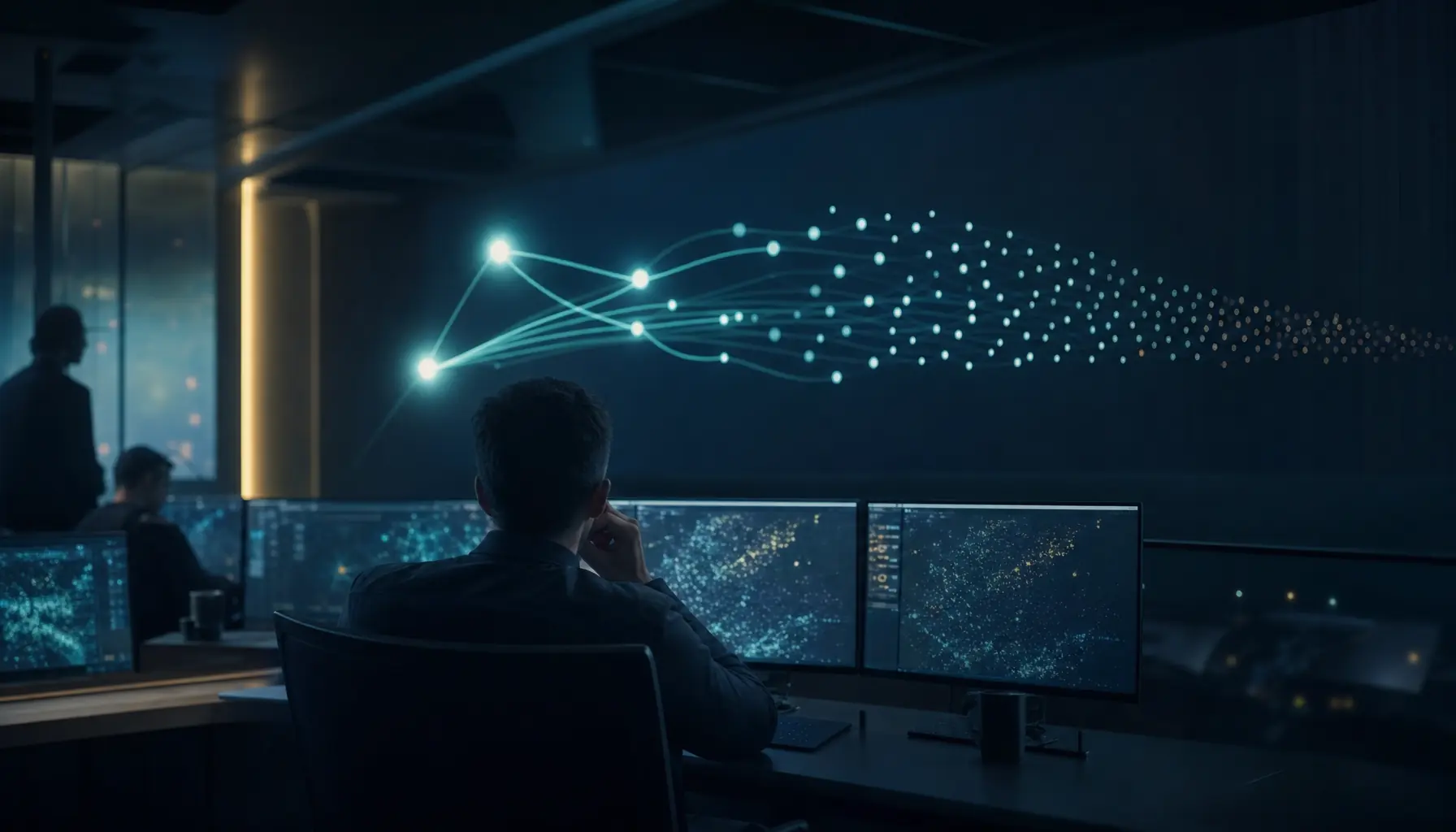 Security analyst viewing a wall display showing a few bright AI application nodes fading into a long tail of dimmer, unmonitored ones