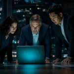 Three diverse executives in a dark boardroom at night leaning over a laptop whose screen casts a teal glow, a moment of discovery
