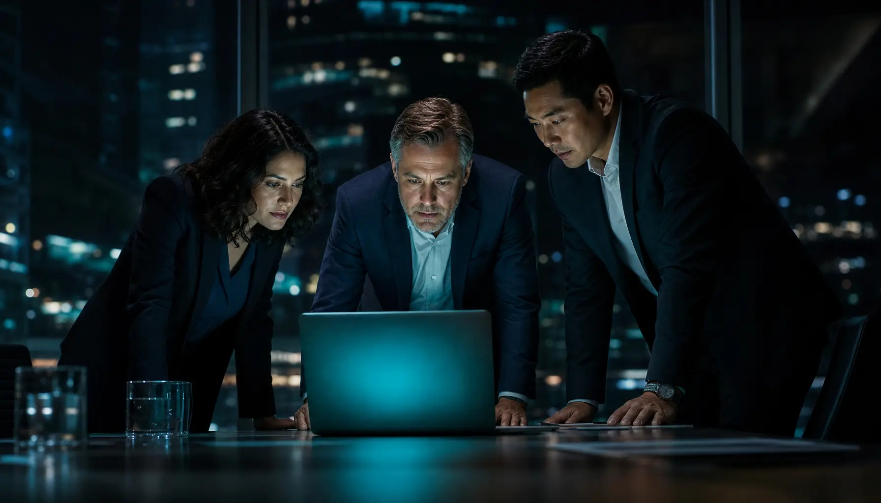 Three diverse executives in a dark boardroom at night leaning over a laptop whose screen casts a teal glow, a moment of discovery